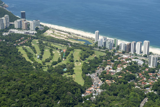 Scenic skyline view of the Sao Conrado neighborhood with its beach and golf course in Rio de Janeiro, Brazil