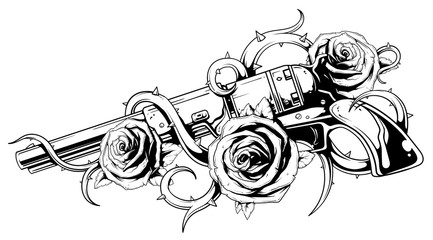 Vintage revolver with roses tattoo