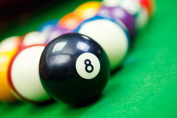 billiard balls on a green pool table, closeup