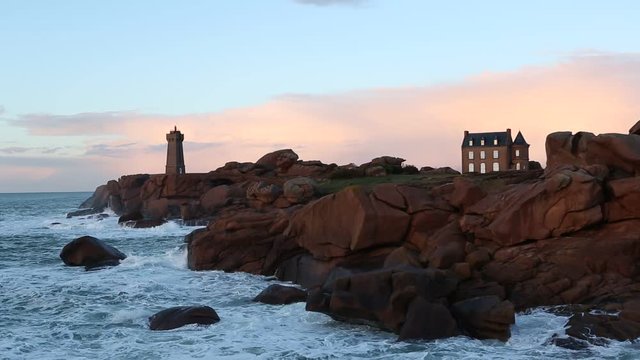 View of Lighthouse Men Ruiz in Ploumanach, Brittany, France