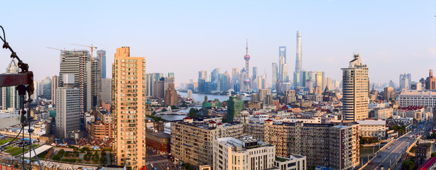  Wide panoramic view of Shanghai skyline.