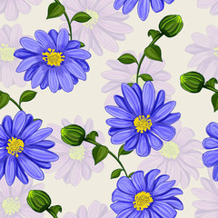 Seamless background pattern. Blue chrysanthemum and buds. Hand drawn. Vector - stock.