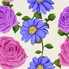 Seamless background pattern. Roses with Blue chrysanthemum and buds. Hand drawn. Vector - stock.