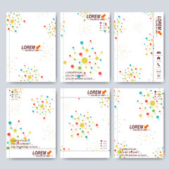 Fototapeta na wymiar Modern vector templates for brochure, flyer, cover, magazine or report in A4 size. Science, medicine, technology design. Colorful molecule and communication background