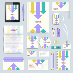 Set of vector corporate identity template. Modern branding stationery mock-up. Background with colorful arrows. Business, science, medicine or technology design