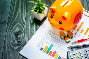 Piggybank, coin, calculator,graph paper, pencil, Business concep