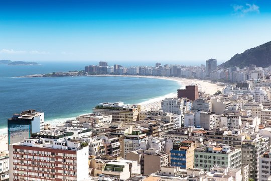Elevated view of buildings and coastline, Copacabana, Rio de Janeiro, Brazil