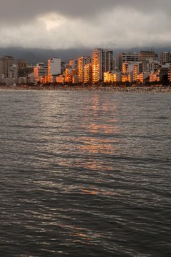 View of buildings on coastline over ocean, Leblon, Ipanema, Rio de Janeiro, Brazil