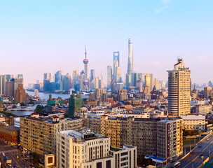 Wide panoramic view of Shanghai skyline.