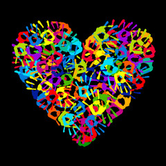 Hand print heart on a black background. Vector illustration