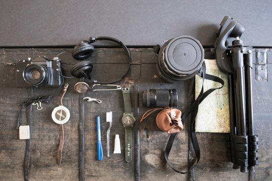 Overhead View Of Camera, Accessories And Tripod