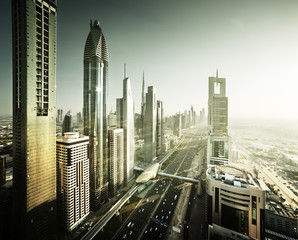 Dubai skyline in sunset time, United Arab Emirates