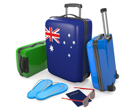 Travel luggage items and accessories for a vacation to or from Australia, 3D rendering