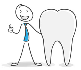 Strichmännchen geht zum Zahnarzt.Zahnärztliche Vorsorgeuntersuchungen sind wichtig..Zahnstein muss entfernt werden.