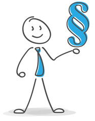 Strichmännchen Figur mit einem blauen Paragraph als Rechtssymbol