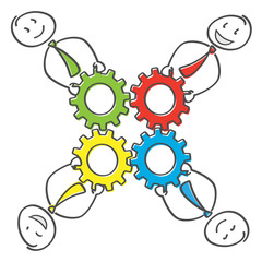 Strichmännchen  Figuren mit Zahnräder in Zusammenarbeit als Teamwork