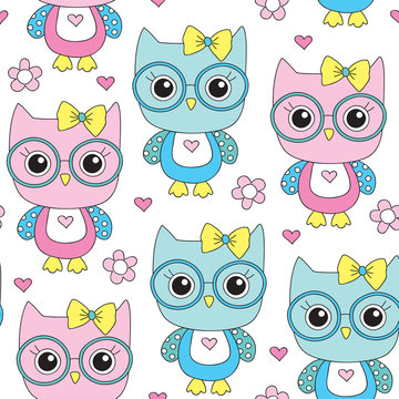 seamless cute owl with glasses pattern vector illustration