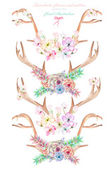 A set with the antlers, horns entwined by flowers, succulents, leaves and plants, isolated hand drawn in watercolor on a white background