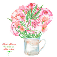 An illustration with a bouquet of the beautiful watercolor red peonies flowers in a rustic jar, isolated hand drawn in a watercolor on a white background