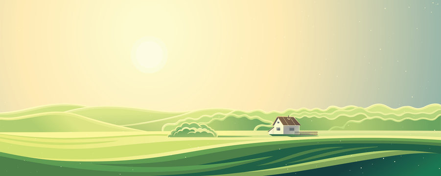 Rural landscape with one house. Summer morning, the sunrise.