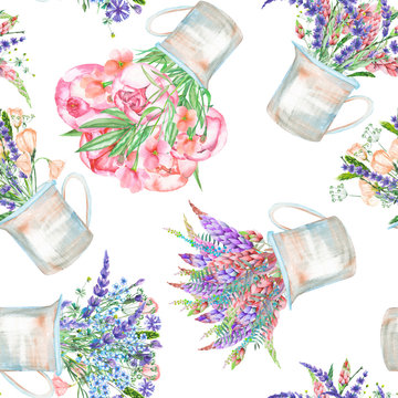 A seamless pattern with a bouquet of the beautiful wildflowers in a rustic jars, isolated hand drawn in a watercolor on a white background