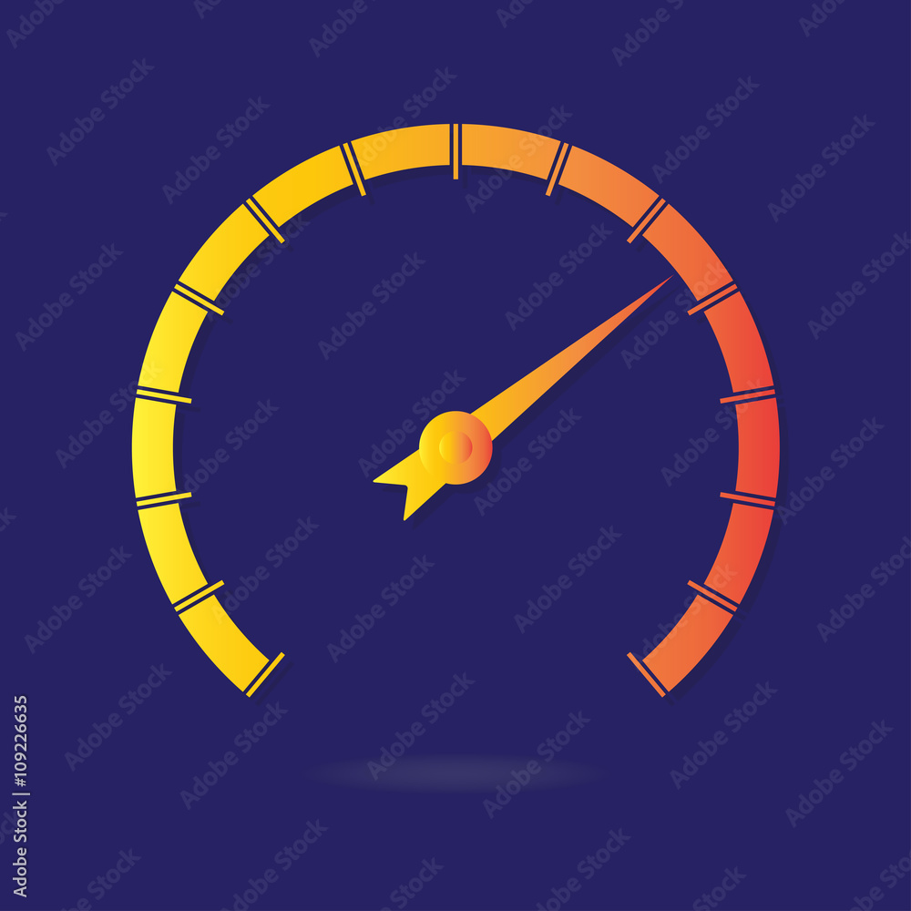 Poster speedometer or tachometer with arrow isolated on dark background. colorful infographic gauge element