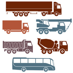 Truck icons set isolated on white background. Vector collection of vehicles: Concrete mixer truck, Truck crane, Dump truck, Truck with cargo container, Lorry and Bus.