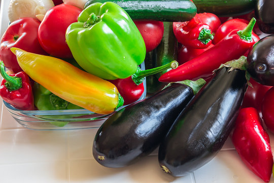 Fresh vegetables, eggplant, tomatoes, cucumbers, peppers