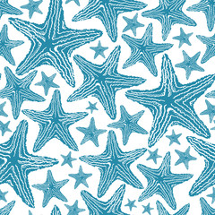 Fototapeta na wymiar Seamless Pattern Of Blue Starfish.