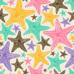 Fototapeta na wymiar Retro Seamless Pattern Of Colorful Starfish.