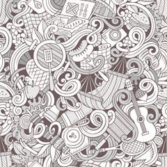 Cartoon hand-drawn picnic doodles seamless pattern