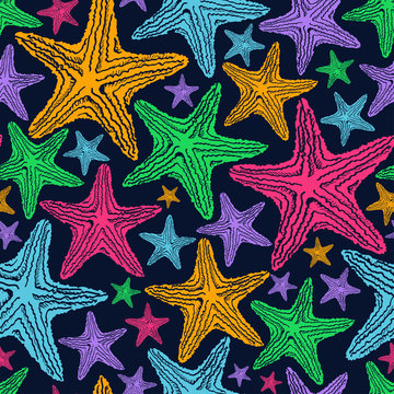 Seamless Pattern Of Colorful Starfish.