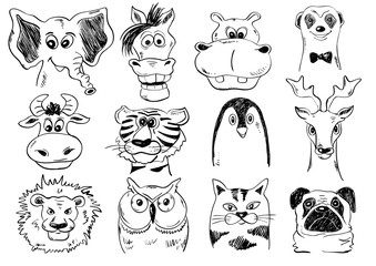 Set Of Funny Sketch Animal Face Icons.