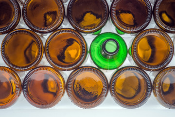 Glass green bottle among brown bottles. Concept of difference