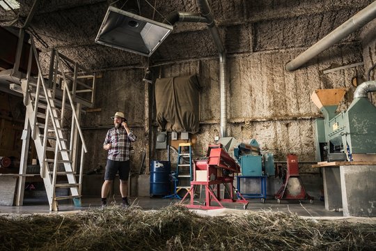 Scientist talking on smartphone in plant growth research facility barn