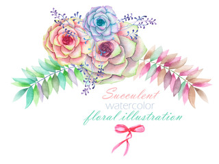 A floral watercolor illustration with the succulents, flowers, leaves and branches, decoration bouquet, isolated hand drawn on a white background, wedding design