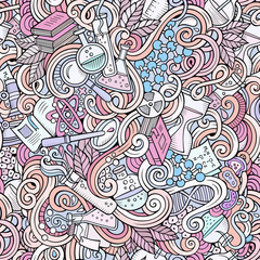 Cartoon hand-drawn science doodles seamless pattern