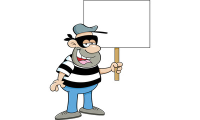 Cartoon illustration of a criminal holding a sign.