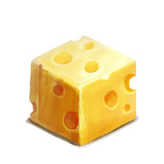 Icon of cheese cube with holes on white isolated background. Food design.