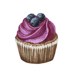 Icon of cupcake with purple icing and blueberries on white isolated background. For menu, food design.
