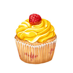 Icon of vanilla cupcake with yellow icing and raspberry on white isolated background. For menu, food design.