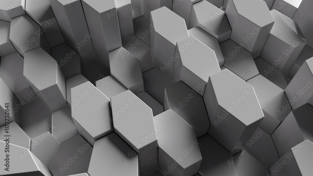 Poster abstract background made of sixgons randomly extruded from surface, 3d rendering