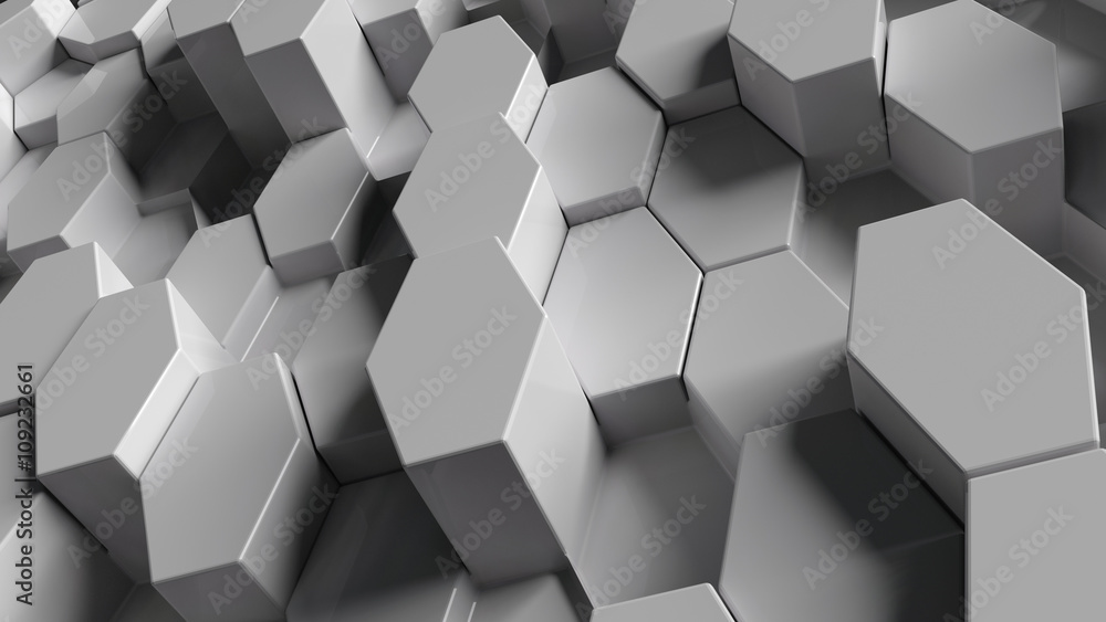 Poster abstract background made of sixgons randomly extruded from surface, 3d rendering
