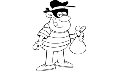 Black and white illustration of a criminal holding a money bag.