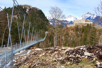 Landscape view of Alps with Highline 179 bridge and Ehrenberg Ruins. Reutte, Tyrol, Austria.