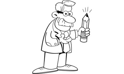 Black and white illustration of a man holding a pencil.