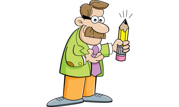 Cartoon illustration of a man holding a pencil.