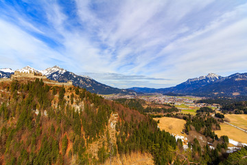Landscape view of Alps with Highline 179 bridge and Ehrenberg Ruins. Reutte, Tyrol, Austria.