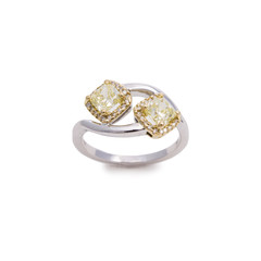 Stunning Two-Tone, Yellow Cushion Cut Diamond Ring with White Diamond Halos