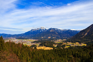 Landscape view to town Reutte in Austria with alps in the background. Tyrol, Austria.